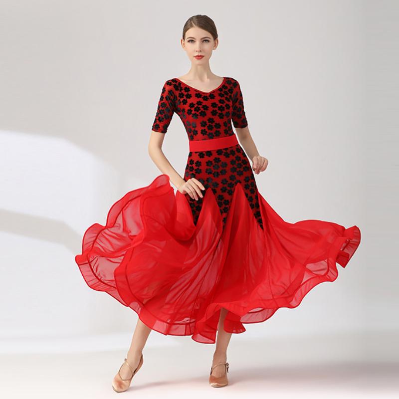 

Stage Wear Big Swing Print Stitching Ballroom Dresses For Women Viennese Waltz Dress Standar Dance Rumba Costumes, Red