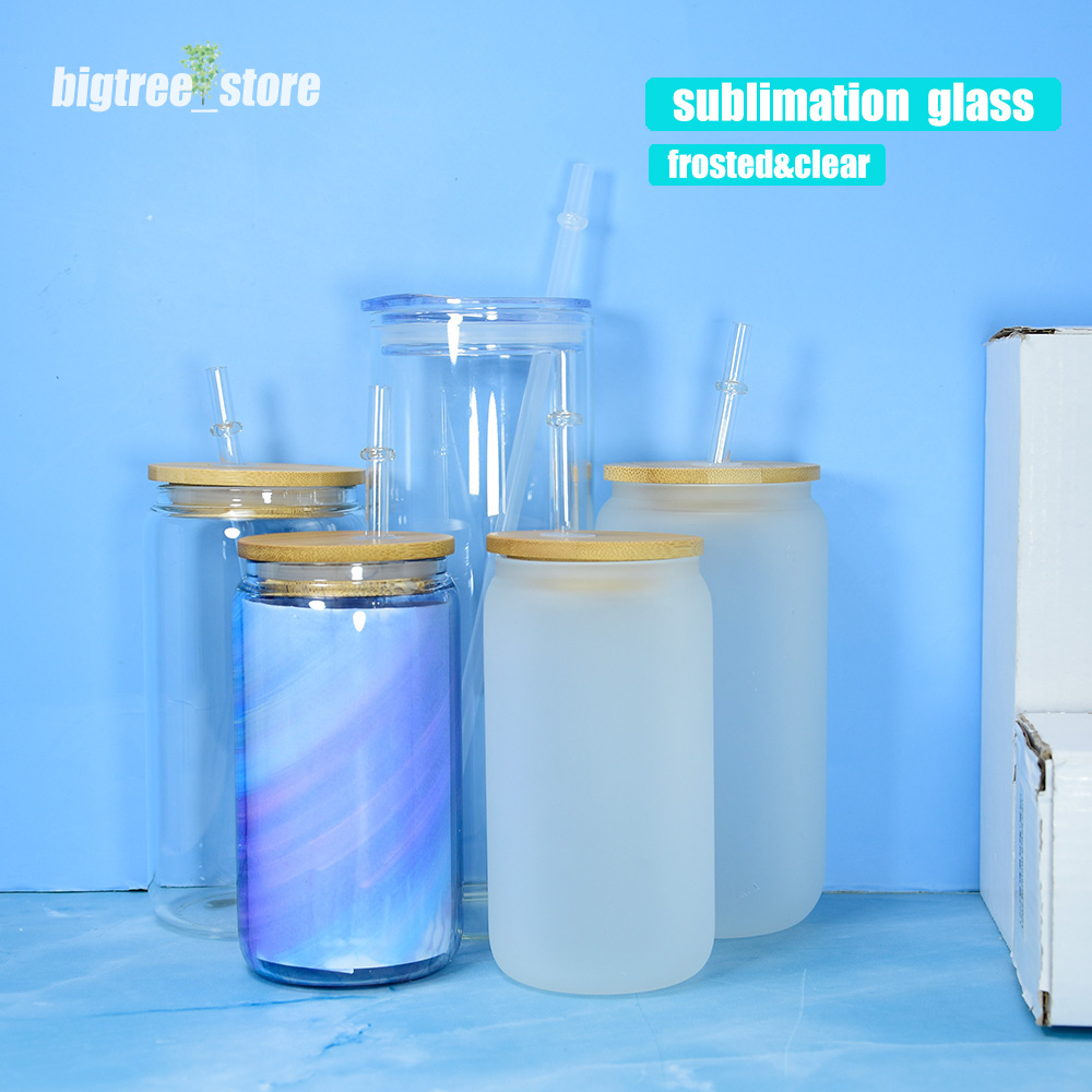 

Sublimation Glass 12oz Beer Mugs Can Shaped Glass Cups Beer Can Glass Tumbler Drinking Glasses Bamboo Lid And Reusable Straw Iced Coffee Glasses, Clear