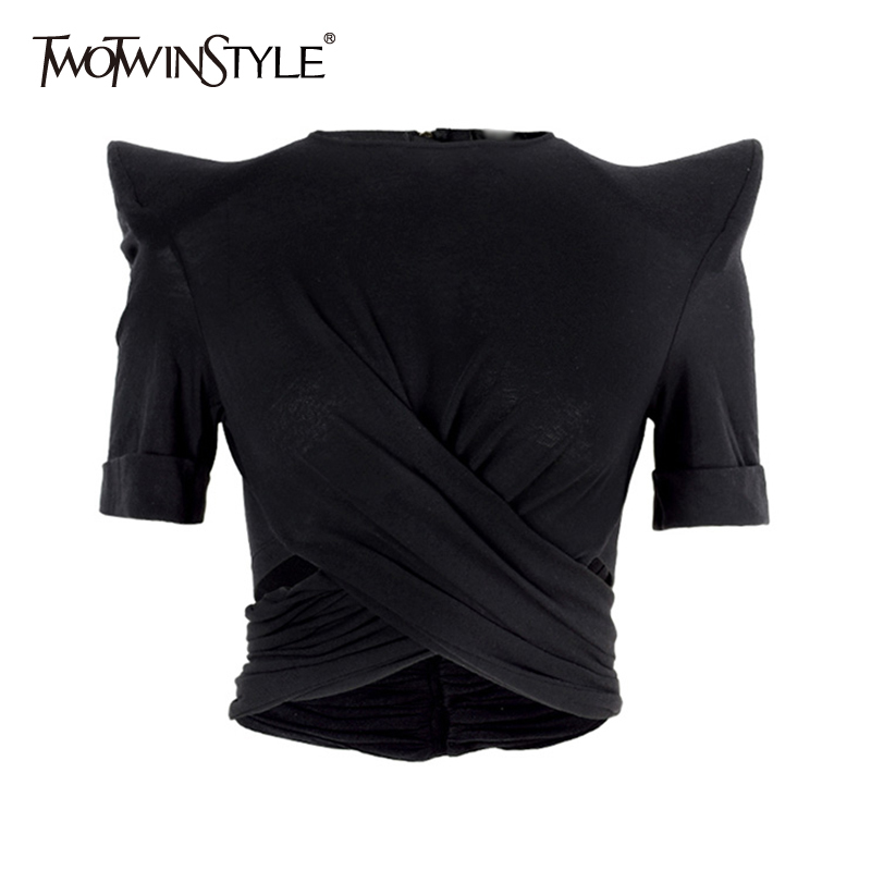 

TWOWINSYLE Casual Black Shirt For Women O Neck Half Sleeve Ruched unic Shirts Female Summer Fashion Clothing ide 210524