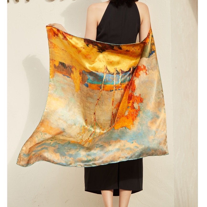 

Oil Painting 100% Natural Silk Scarf Soft Smooth Women Luxury Square Head Scarves Hijab Foulard 110*110cm