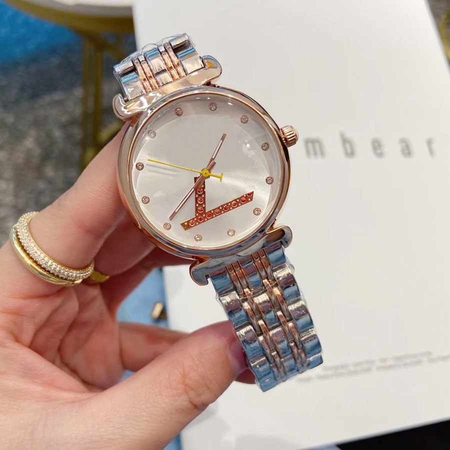 

Brand Watches Women Girl Crystal Big Letters Style Metal Steel Band Quartz Wrist Watch L38, Slivery;brown