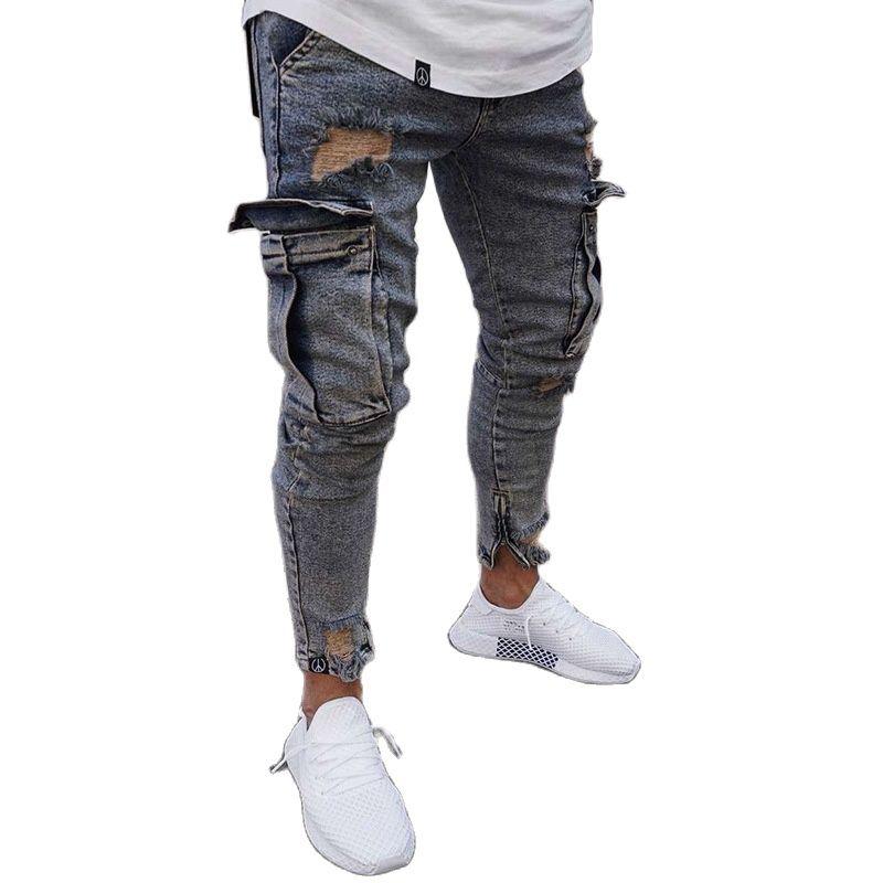

Men' Jeans Blue Grey Men Pants Casual Cotton Denim Trousers Side Multi Pocket Cargo 2022 Fashion Pencil, Vintage blue