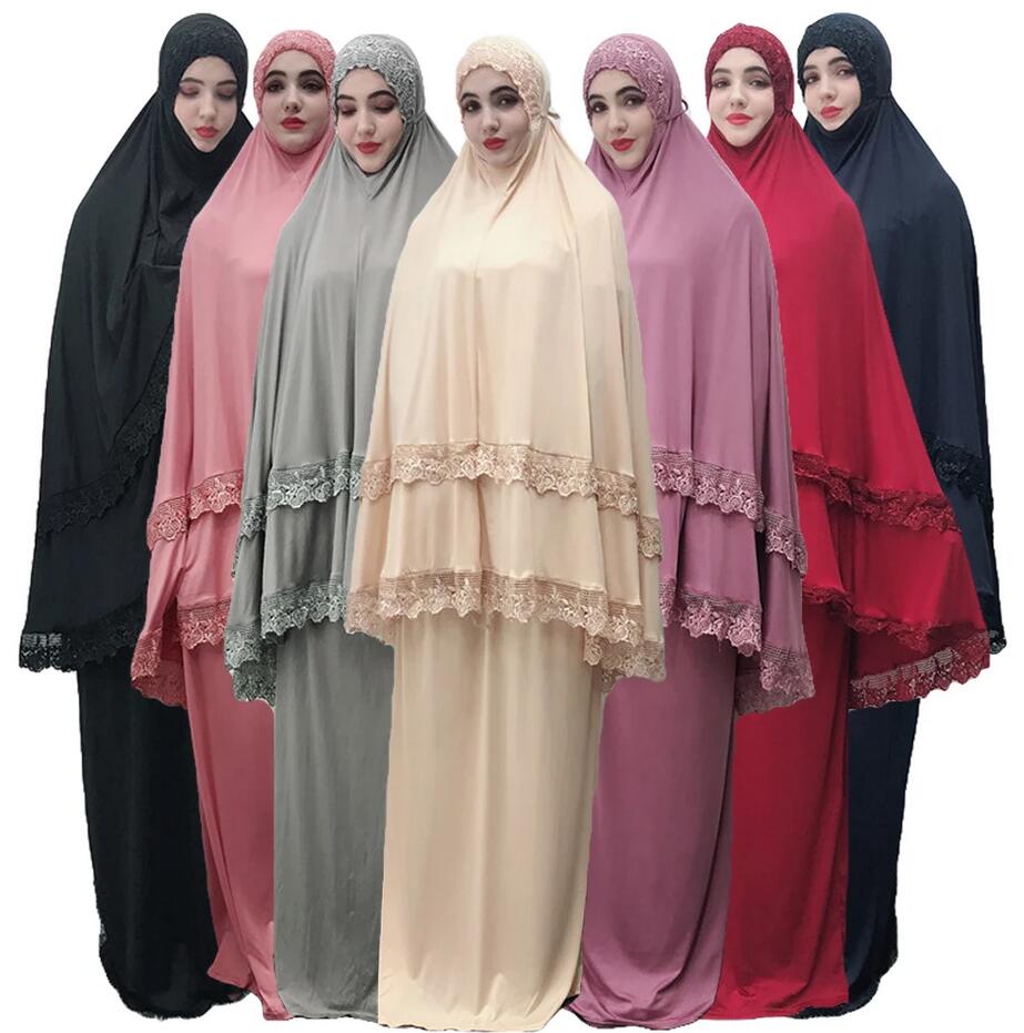 

Muslim Worship Robe Women Prayer Garment Sets Abaya Formal Lace Large Swing Maxi Skirts arab Kaftan Islamic clothes kimono jubah