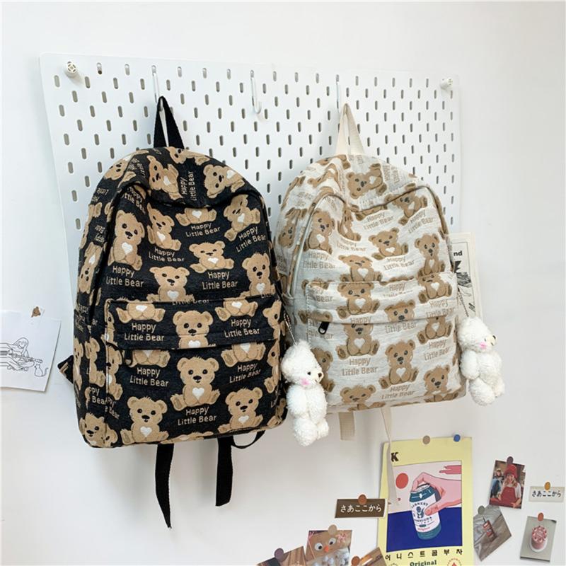 

Backpack Preppy Style Women Bear Print Canvas Rucksack Ladies Large Capacity Multi-pockets Handbags Female For Teenager