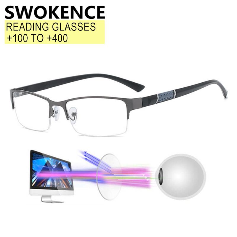 

Sunglasses SWOKENCE Anti Fatigue Reading Glasses Women Men Business Half Alloy Frame Blue Light Hyperopia Presbyopic Spectacles R502