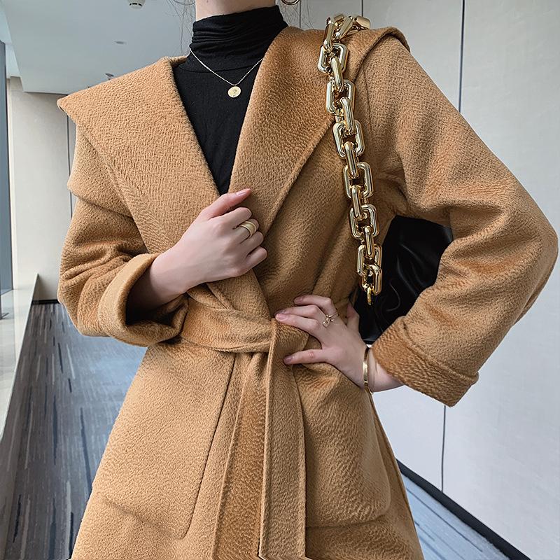 

Women's Wool & Blends Autumn And Winter Double-sided Cashmere Water Ripple Coat Middle Long Solid Color Hooded, Pink