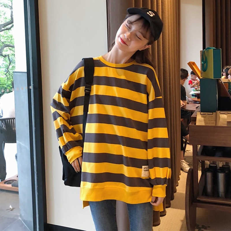 

Autumn striped O-neck long sleeve loose Korean irregular sweatshirt female large size Sweet Cotton Pullovers Harajuku tops 210608, Black