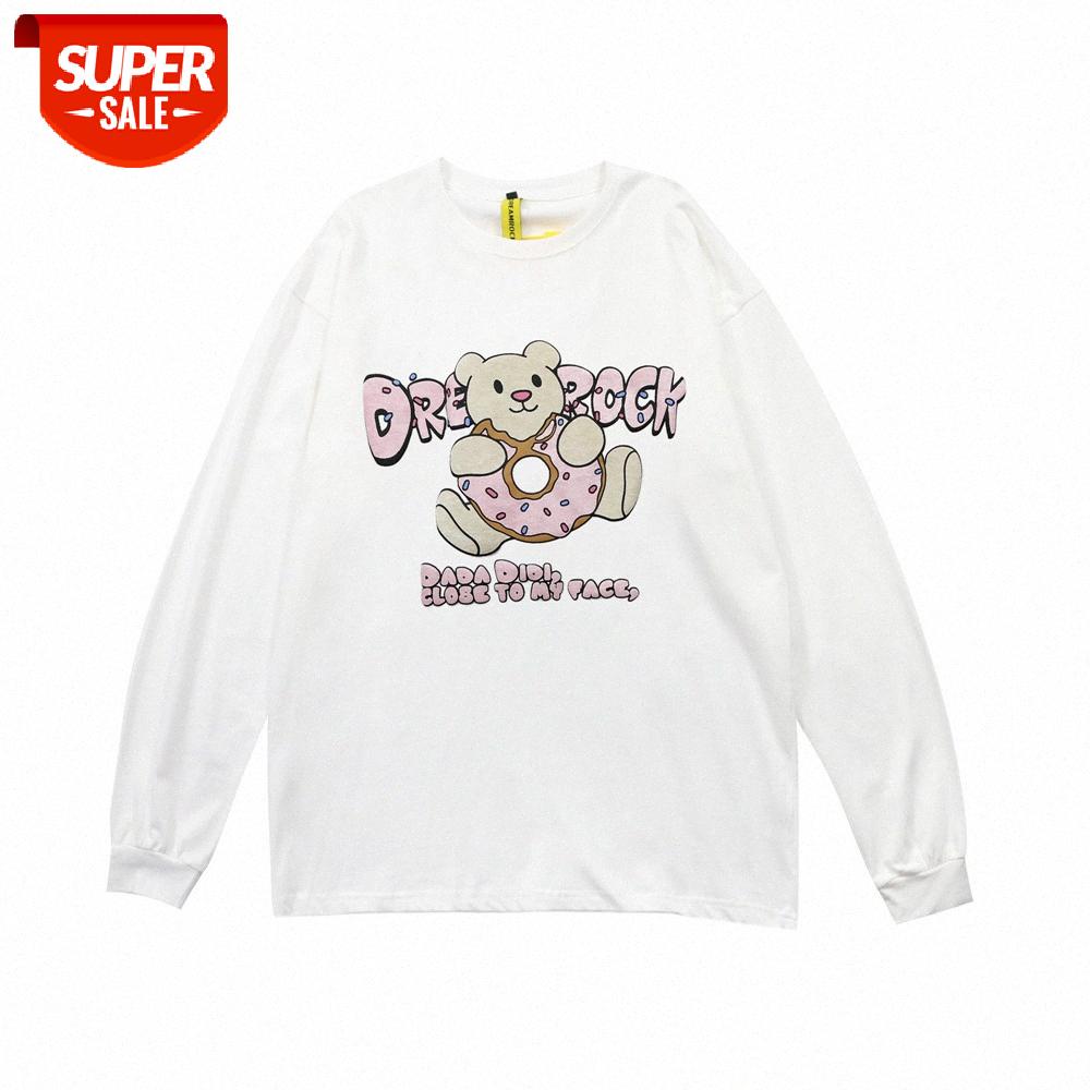 

Bear print long-sleeved T-shirt men's street flow loose round neck top bf lazy couple compassionate #oF18, White;black