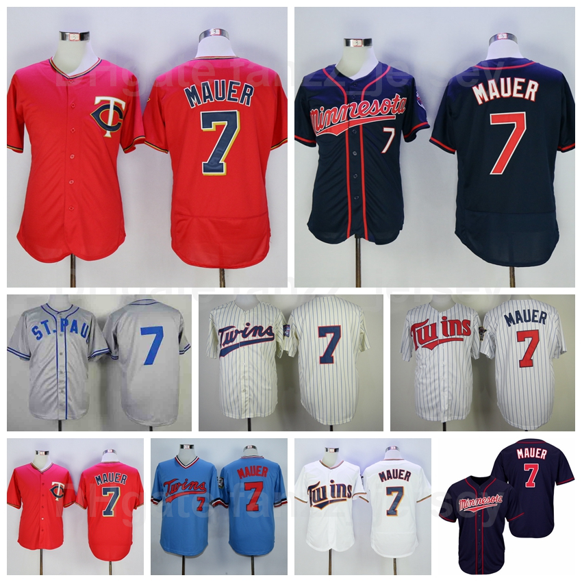 

Retro 7 Joe Mauer Baseball Jersey 1948 Turn Back Vintage Flexbase Cool Base Pullover Pinstripe Retire Embroidery And Sewn On Navy Blue Red White Grey Top Quality