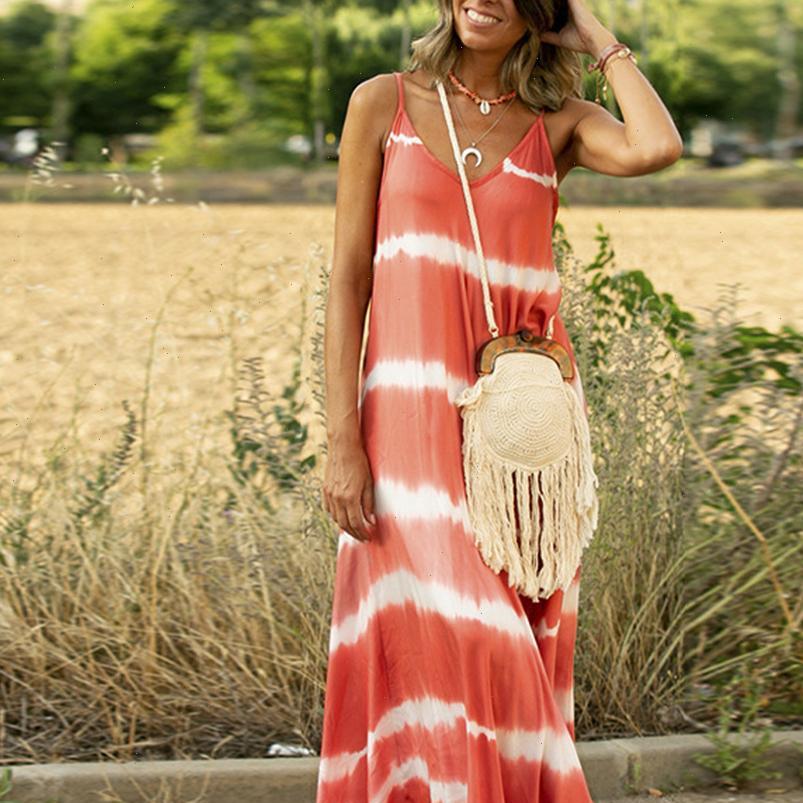 

vintage stripe print dress women dresses spaghetti strap v neck long summer big swing tie dye beach, Black;gray