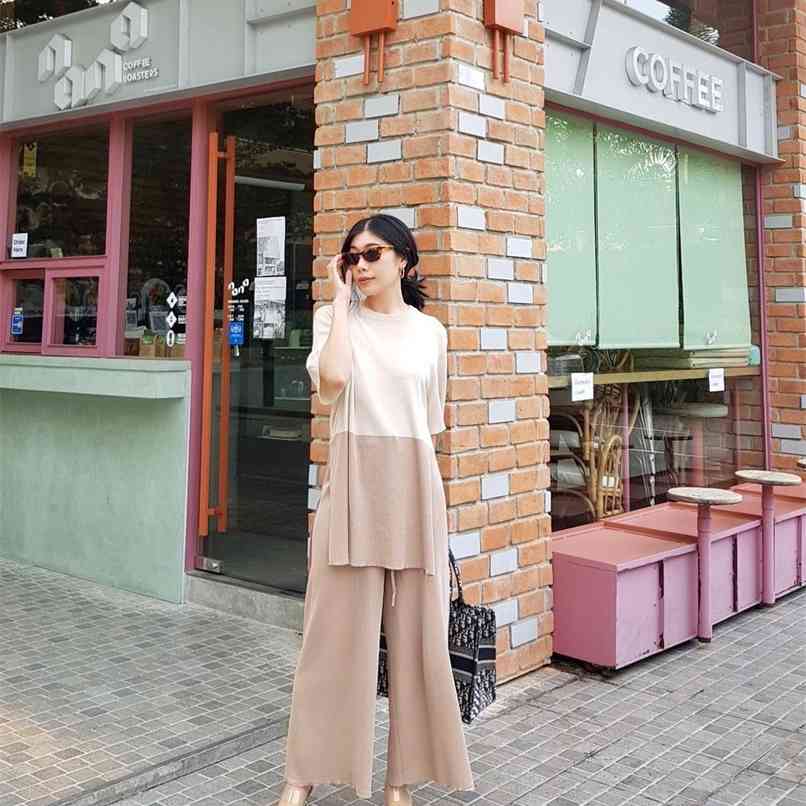 

Summer Fall Thin Knitted Tracksuit Women Half sleeve Color Contrast Long Pullover Tops and Wide Leg Pants Sweater Set 210602, Light brown