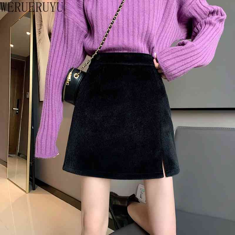

WERUERUYU Autumn Woolen Skirt Winter Women' A Line Skirt Female High Waist Slim Short Skirts Fashion MINI Skirts For Women 210608, Photo color