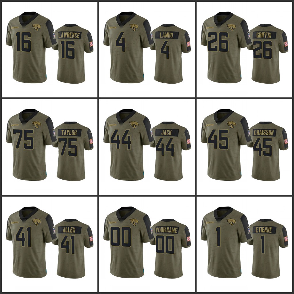 

Jersey Jacksonville''Jaguars''Men #4 Josh Lambo 16 Trevor Lawrence 1 Travis Etienne Custom Women Youth''NFL''Olive Salute To Service Limited