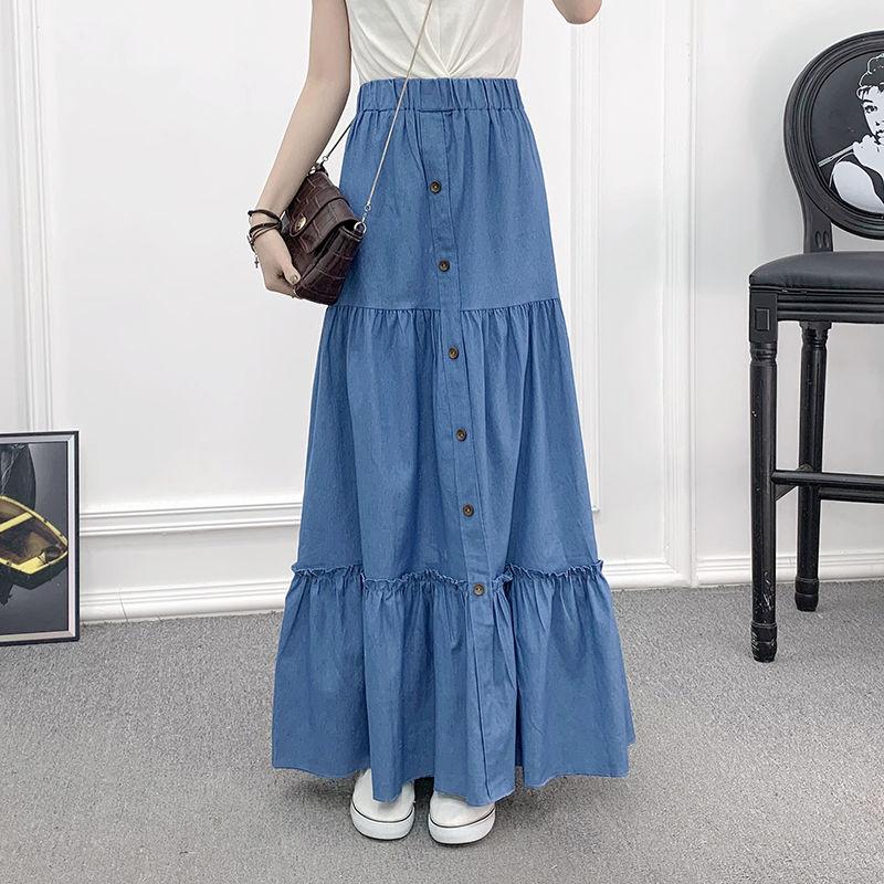 

Skirts 2021 Women 90cm Length Denim Tiered Maxi Skirt Spring Summer Female Casual High Waisted Washed Loose Long Cake Jeans, 70cm light blue 3