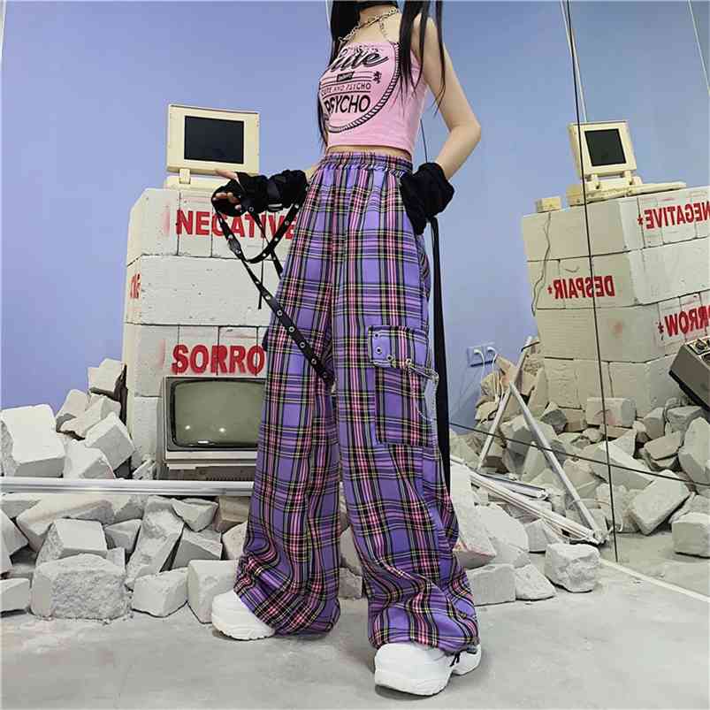 

QWEEK Mall Goth Y2K Cargo Pant Hippie Purple Plaid Harajuku Streetwear Chain Checked Trousers Famale High Waist Aesthetic 210721