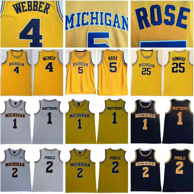 

NCAA Michigan Wolverines 5 Jalen Rose Jersey 4 Chris Webber 25 Juwan Howard 1 Charles Matthews 2 Jorda Poole College Basketball Yellow Men, Colour 6