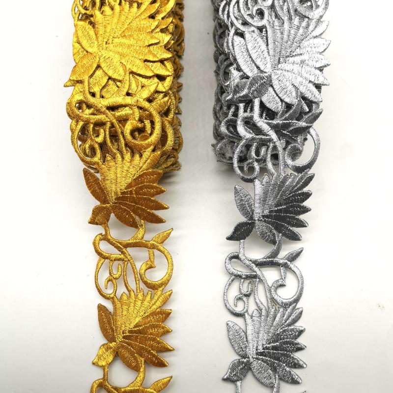 

Ribbon Gold Cosplay Lace Costume Trims Iron On Embroidered Appliqued And Sliver Metallic Tape 4CM