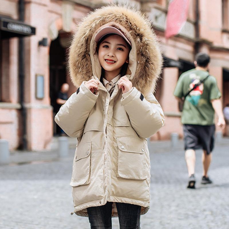 

Down Coat Winter Girls White Duck Long Thickened Kids Windproof Jacket Real Raccoon Fur Collar Children Clothing Outerwear TZ83, Blue;gray