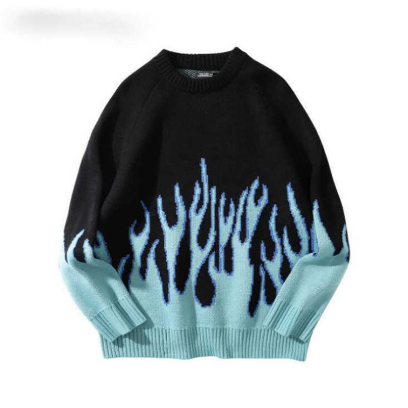 

Korean loose knitted flame men and women hip hop streetwear o-neck pullover sweater 210602, Black