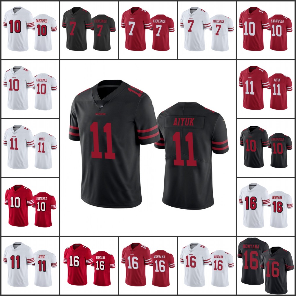 

Men San Francisco49ersWomen Youth #16 Joe Montana 10 Jimmy Garoppolo 11 Brandon Aiyuk 7 Colin Kaepernick Limited Jersey, Black