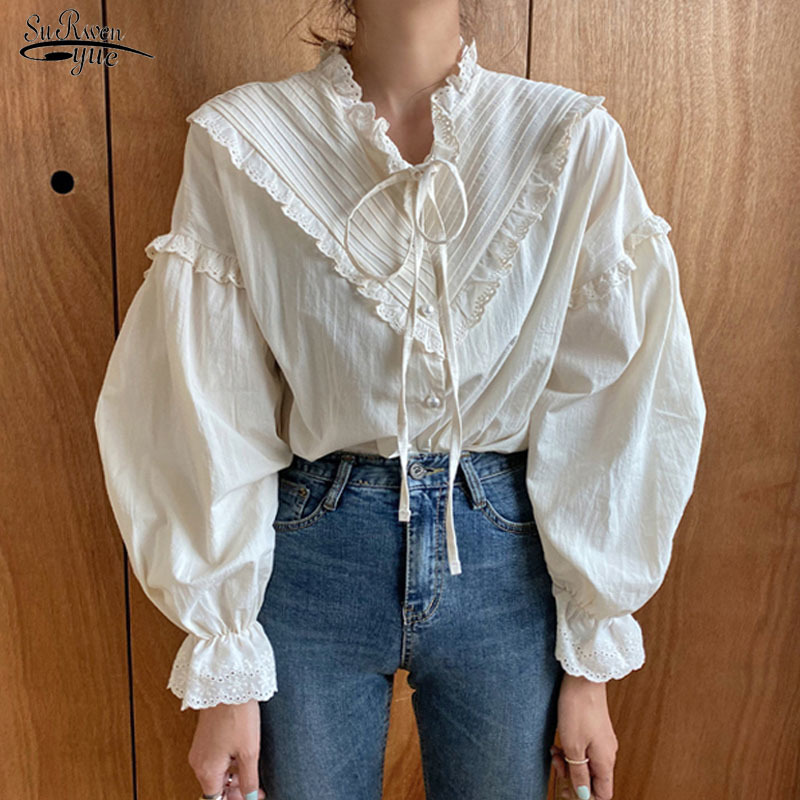 

Cotton Vintage Elegant Tops Women Shirt Loose Clothing Blusas Korean Style Solid Long Lantern Sleeve Blouse 9580 210521, White