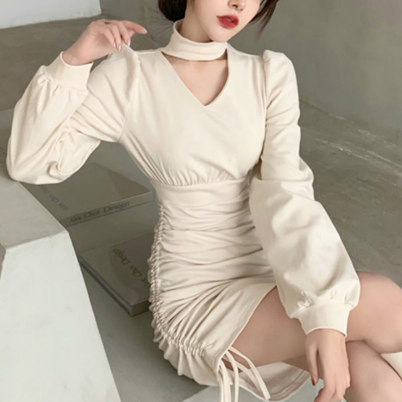 

French Vintage Mini Dress Women V-Neck Casual Slim One Piece Dress Korean 2021 Sping Long Sleeve Evening Party Elegant Dress, Apricot
