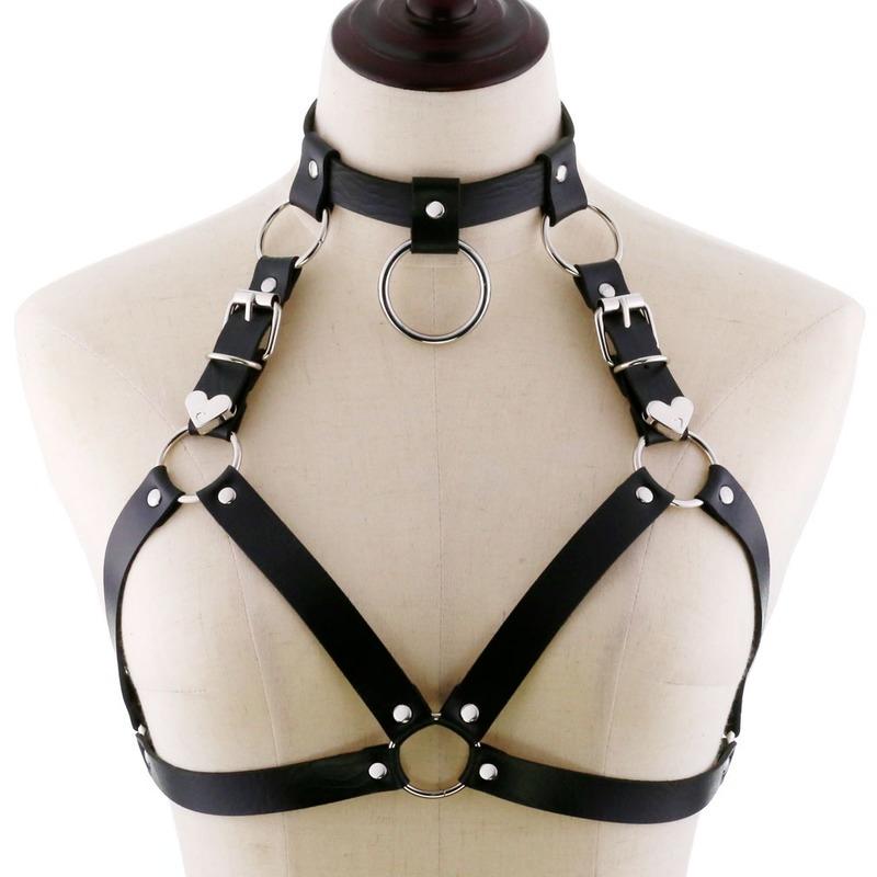 

Belts Fashion Punk Cupless Bra Top Leather Harness Belt Body Bondage Chest Straps Black Studded Rivet Cropped, Black;brown