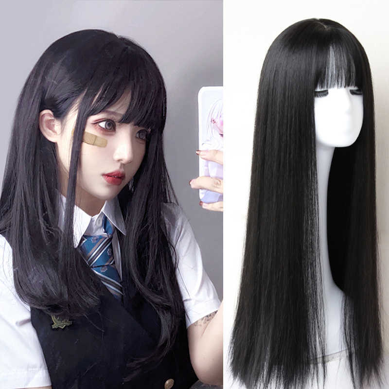 

Allaosify Long Straight Synthetic Lolita Cosplay Wig with Bangs Anime Bangs Golden Pink Multiple Colour Hair Wigs for Women