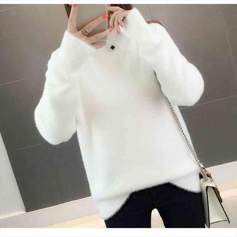 

warm fall knitted faux mink fur pullover women long hair turtle neck ladies white solid color jumper casual femme, White;black