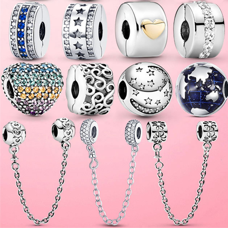 Silver Clasp 925 Sterling Silver CZ pave Clip Charm Daisy Beads Stopper fit Pandora Bracelet Jewelry Clip-image-745042910