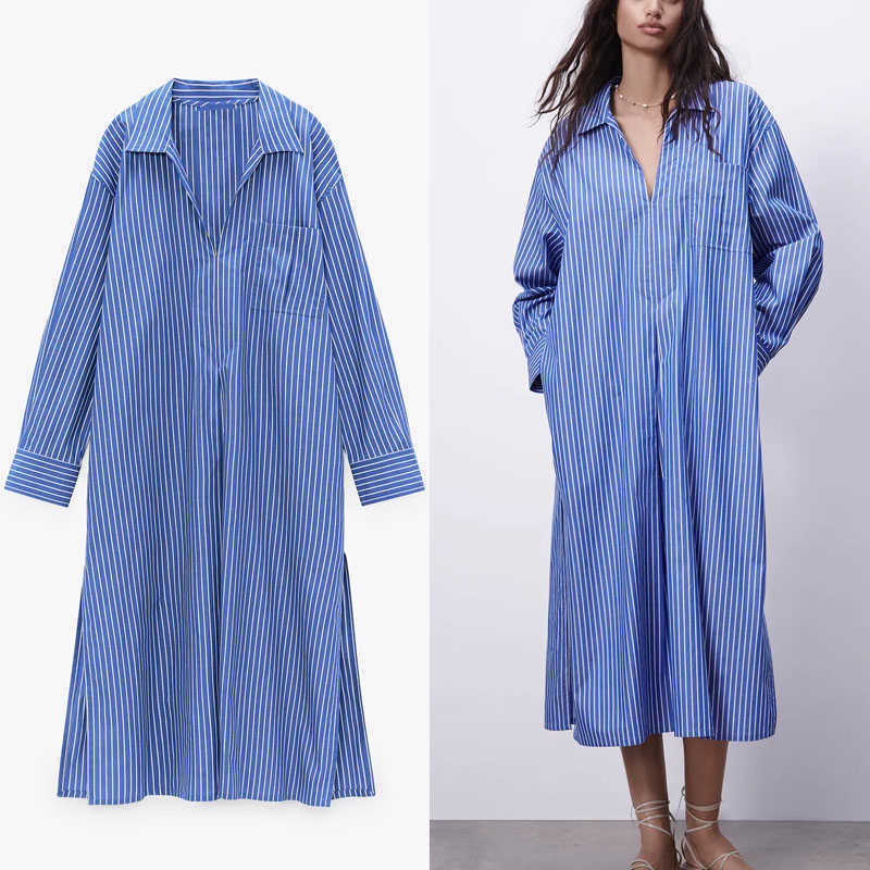 

Za Blue Striped Pleated Shirt Dress Women Long Sleeve Dropped Shoulder Office Dresses Woman Retro Button Up Spring Dresses 210602