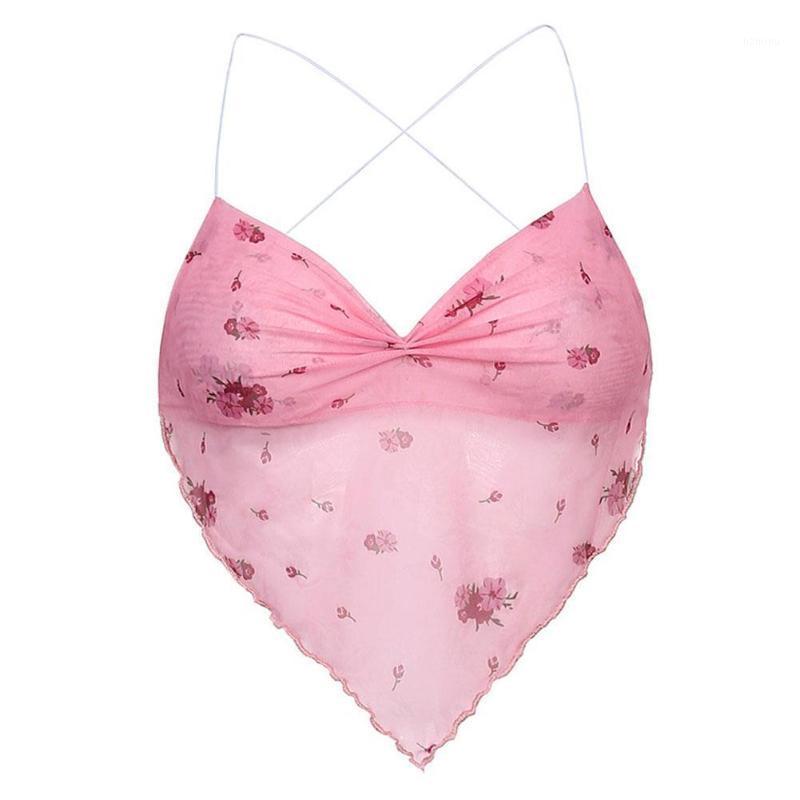 

Sexy Pink Floral Mesh Halter Tops Women Flower Print Cute Backless And Camisole Sleeveless Top Girls Crop Vest Ne O4K3 Camisoles & Tanks