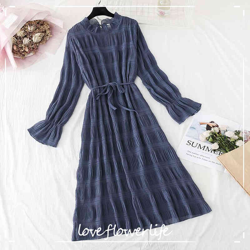 

Spring Women Long Dress With Belt Elegant Lotus Leaf Collar Flare Sleeve Chiffon Dresses Folds Vintage Vestidos Femme 210521, Blue