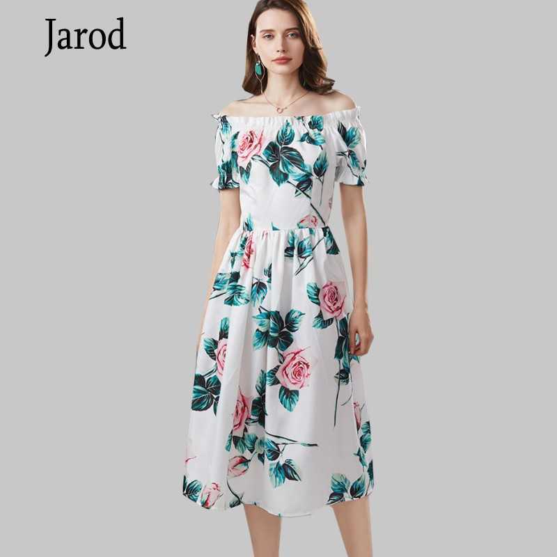 

Summer Holiday Beach Dress Runway Designer Women Sexy Slash Neck Rose Floral Print Short sleeve Midi 210526, Picture color
