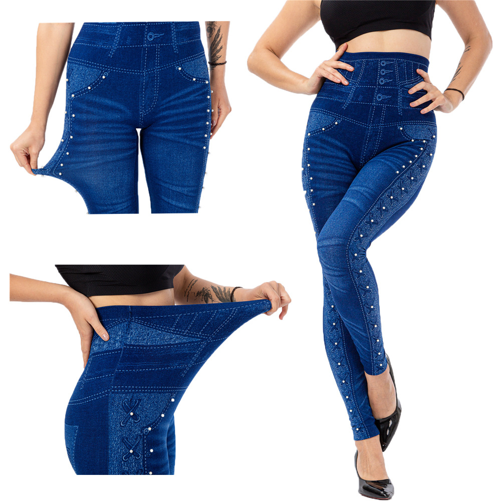 

Plus Size 3XL High Waist Faux Denim Jean Leggings Slim Elastic Seamless Skinny Pencil Pant Female Workout Running Leggings, Black