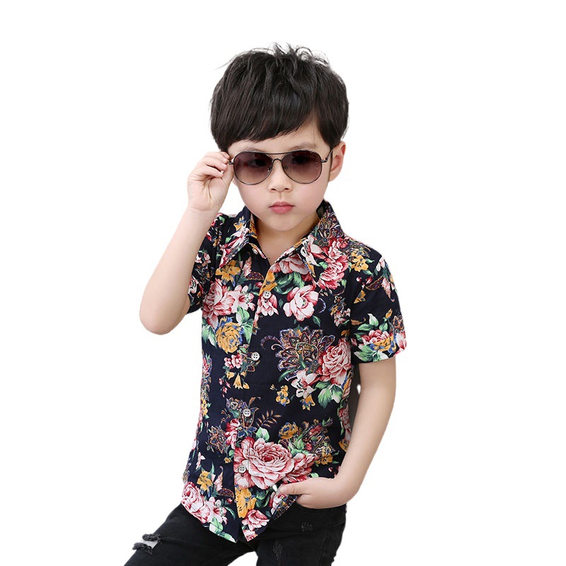 

INS Summer Kids Boys Floral Shirts Printting Soft Cotton Gentlemen Tops, White;black