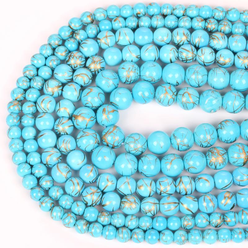 

Other 6/8/10mm Natural Blue Gold Line Turquoises Stone Beads Round Loose For Jewelry Making Diy Necklace Bracelet Accessory