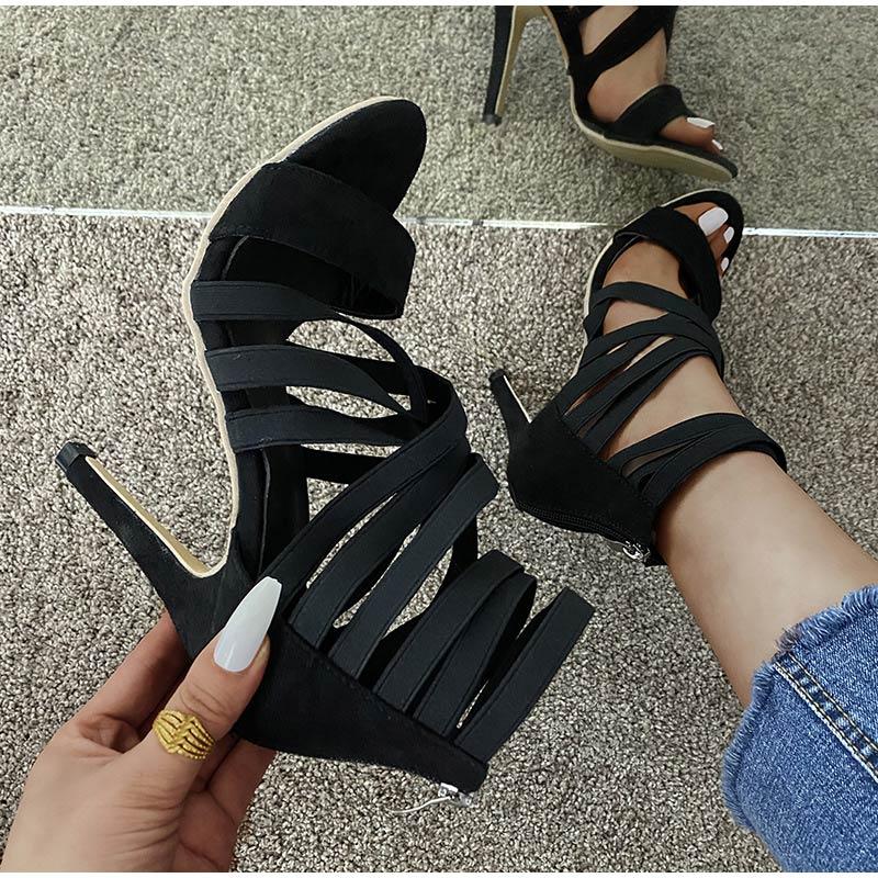 

Women Summer Sandals Fashion Ladies Elastic Band High Heel Pumps Female Open Toe Shoes Zip Women's Denim Outside Dress, Black