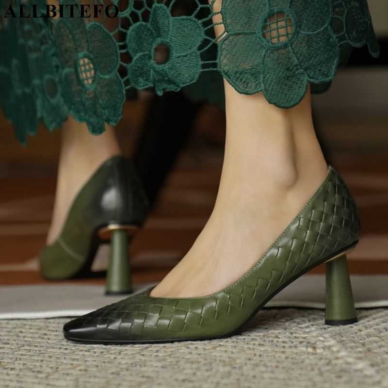 

ALLBITEFO Weaving design soft genuine leather women heels shoes pointed toe fashion sexy high heels club party high heel shoes 210611, As picture
