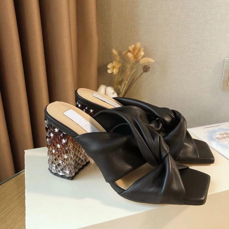 

Slippers Women's Mules Design Slides Gradient Cystal Decor Heels Cross Tie Genuine Leather Leisure Deigner Shoe, Black