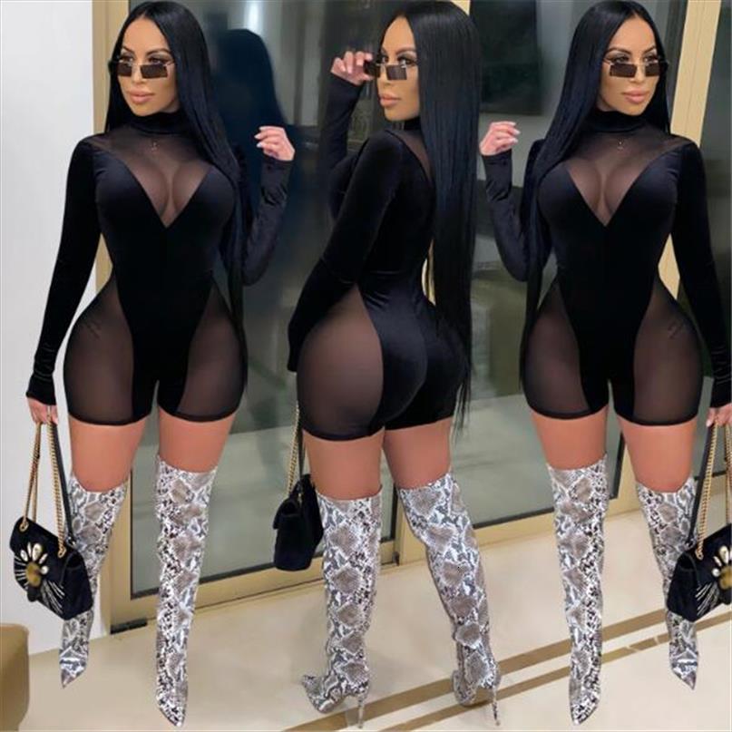 

mesh patchwork see womens romper through bodysuit one piece beach sport playsuit long sleeve velvet, Black;white