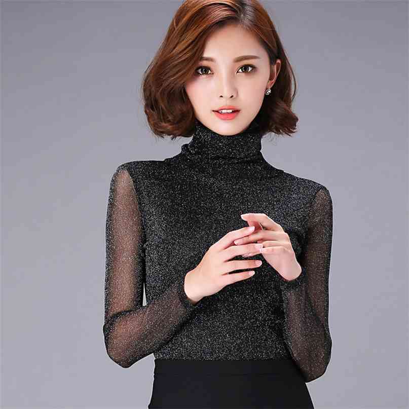 

VA Women Blouses Long Sleeve Turtleneck Winter Elegant Blouse Fashion Tops Big Plus Size Ladies F00085 210607, Navy blue
