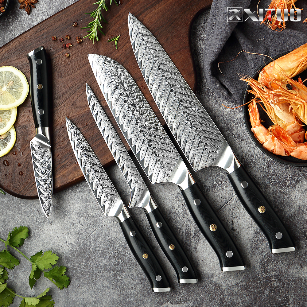 

XITUO Damascus Chef Knife VG10 Professiona Kitchen Knife Ceaver Cooking Too Exquisite Pum Rivet G10 Hande 1-5PCS Set Gift
