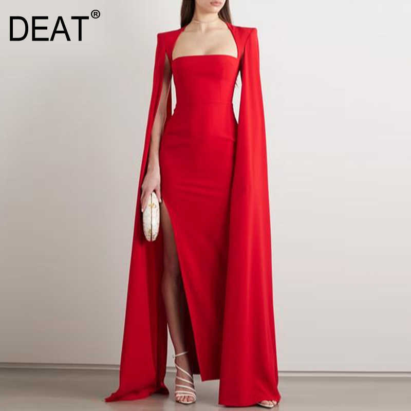 

[DEAT] Spring Summer Fashion Loose Solid Color Sleeveless Ankle-length High Waist Square Collar Elegant Dress 13Q405 210527, Red