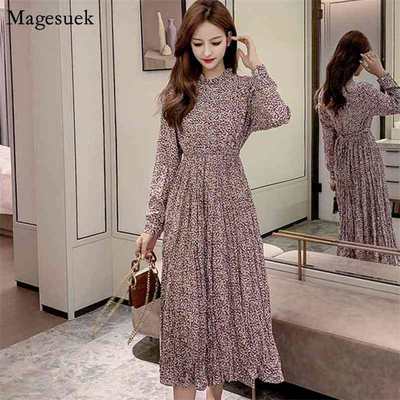 

Autumn Long Sleeve Empire Elastic Print Floral Clothes with Sashes Vintage Women Dress Vestidos A-line Chiffon 10530 210518, Picture