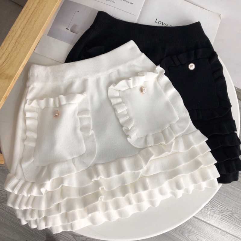 

Sweet High-Waisted Ruffles Cake Skirts Vintage Summer Fashion Women's Knitting Mini Female 210526, Black