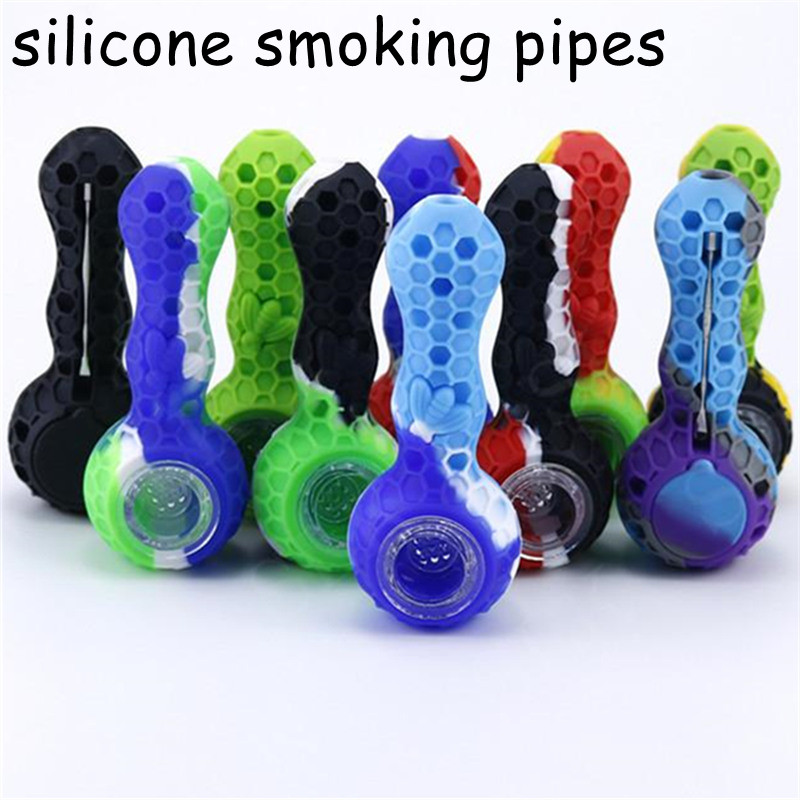 

Bees Silicone Smoking Pipe with wax dab tools Travel Tobacco Pipes Spoon Cigarette Tubes Glass Bongs Dry Herb Accessories HandPipe