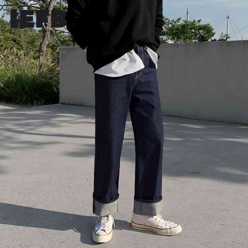 

IEFB Men's Spring Straight Denim Trousers Korean Fashion Trend Dark Blue Vintage Causal Jeans Loose Wide Leg 9Y5914 210524, Navy blue