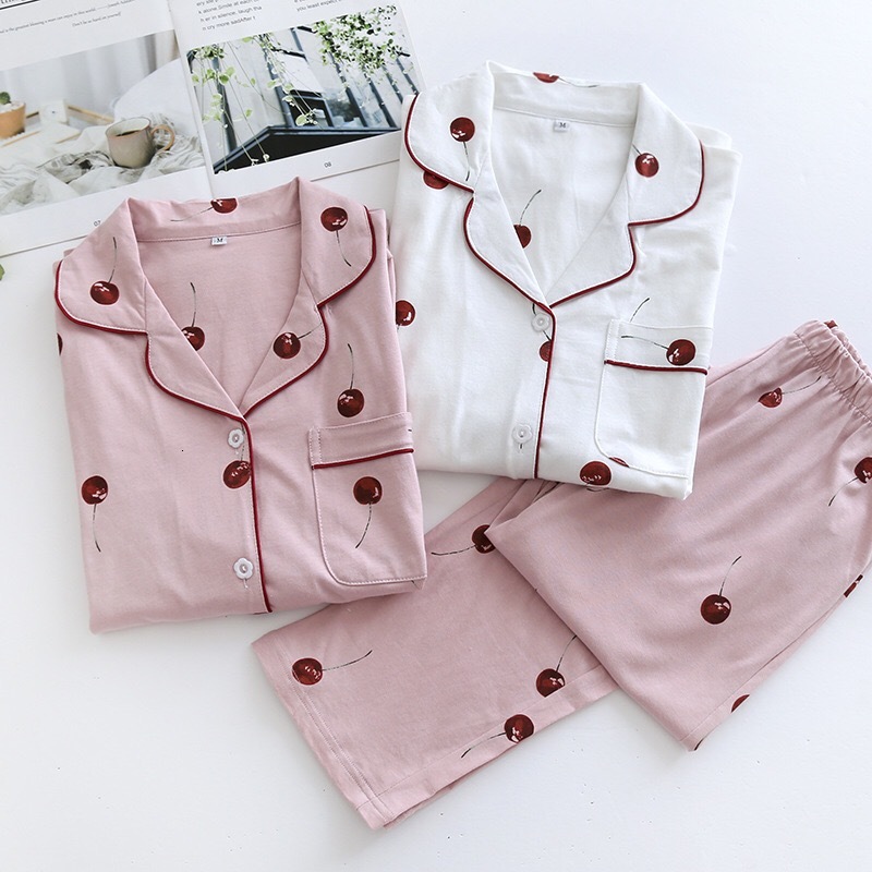 

Women's Sleepwear Autumn New Girls Cute Cartoon Cherries Printed Pink & White Ladies Sweet Full Cotton Turndown Collar Pajamas Set