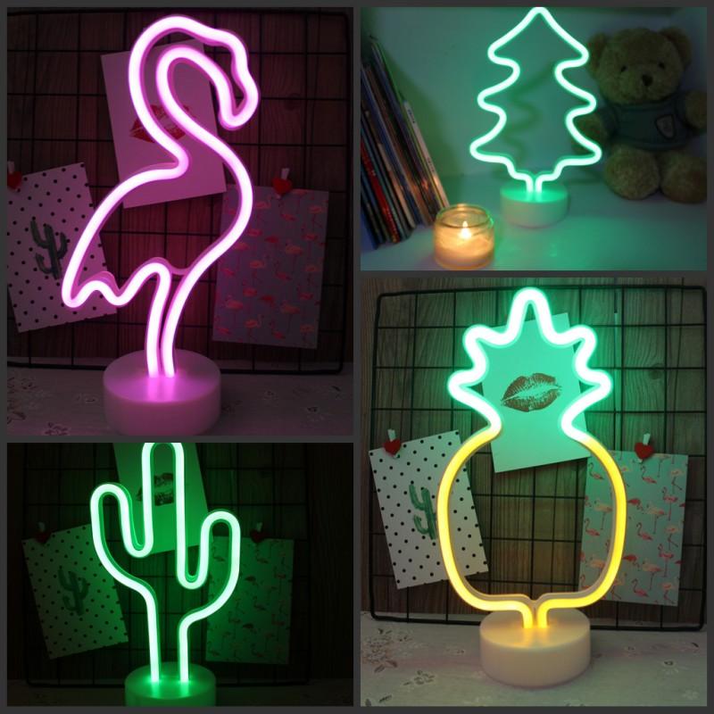 

Night Lights Flamingo Cactus Christmas Tree LED Neon Light With Base USB And Battery-Powered Table Lamps For Kids Room Holiday Gifts